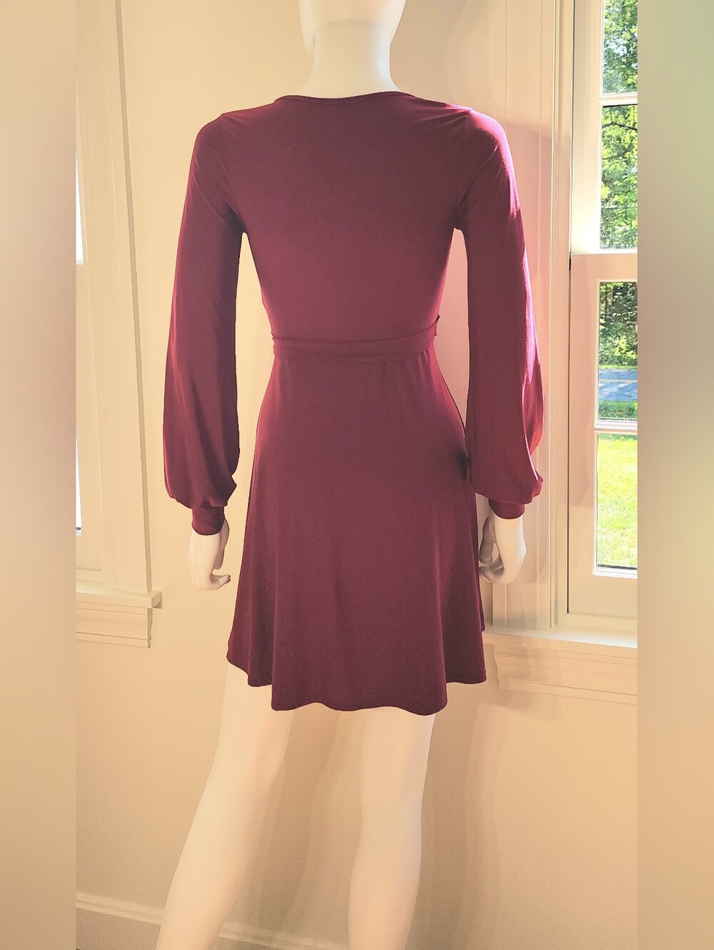 Forever 21 Faux Wrap Dress Long Sleeve Mini Vneck Red Cranberry Maroon Burgundy - Picture 5 of 8